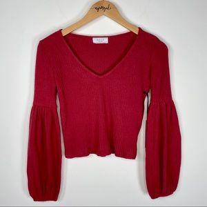 Sage Balloon Long Sleeve Ribbed Crop Sweater Top Red Size XS